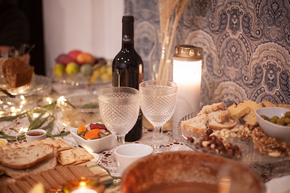 Table set with food and wine