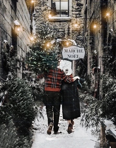Couple in a snowy Montreal alleyway