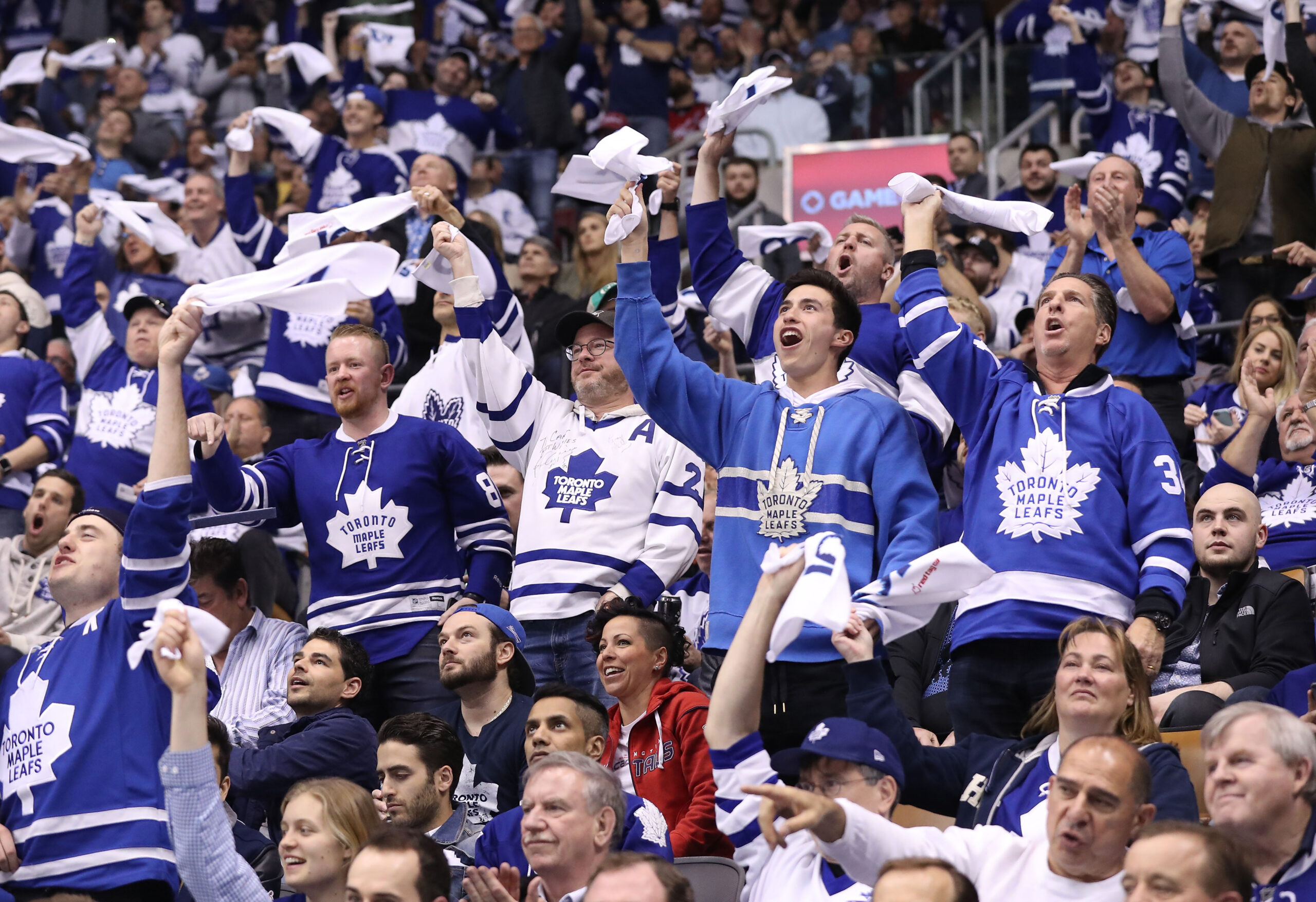 Apr 23, 2017; Toronto, Ontario, CAN; Toronto Maple Leafs fans cheer during the game against the Washington Capitals in game six of the first round of the 2017 Stanley Cup Playoffs at Air Canada Centre. The Capitals beat the Maple Leafs 2-1 in overtime. Mandatory Credit: Tom Szczerbowski-USA TODAY Sports