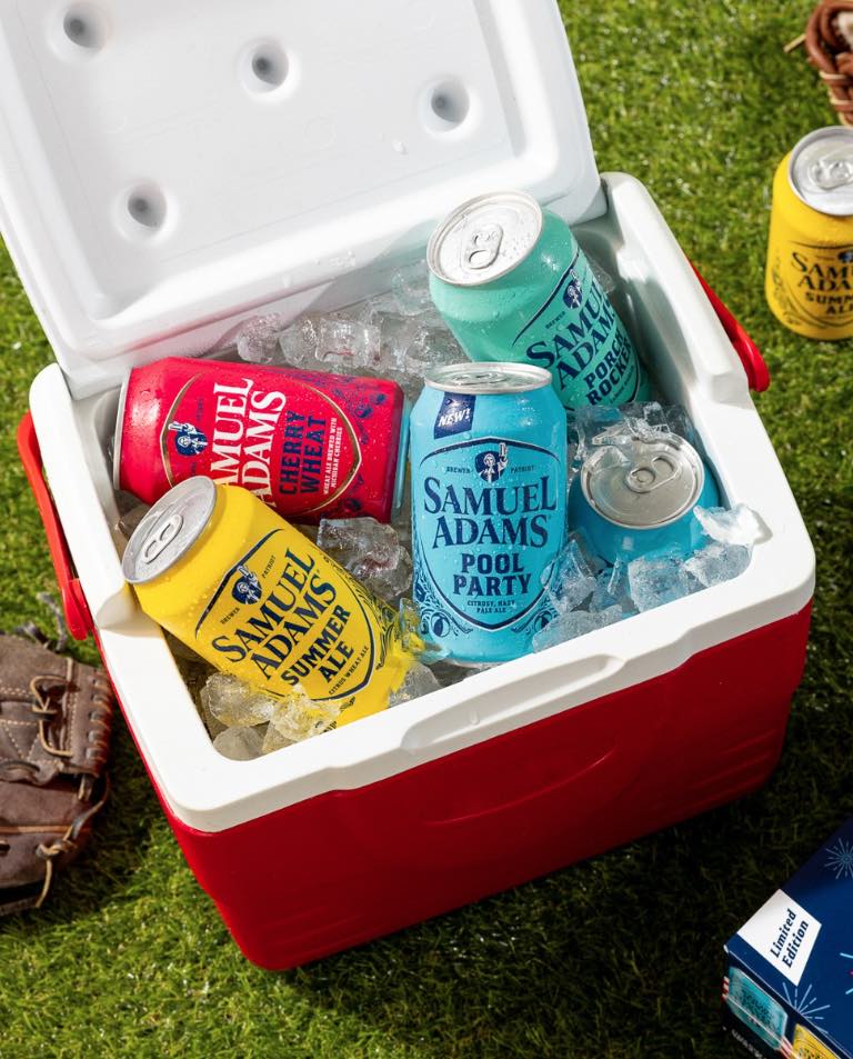 A cooler filled with 5 Samuel Adams drinks