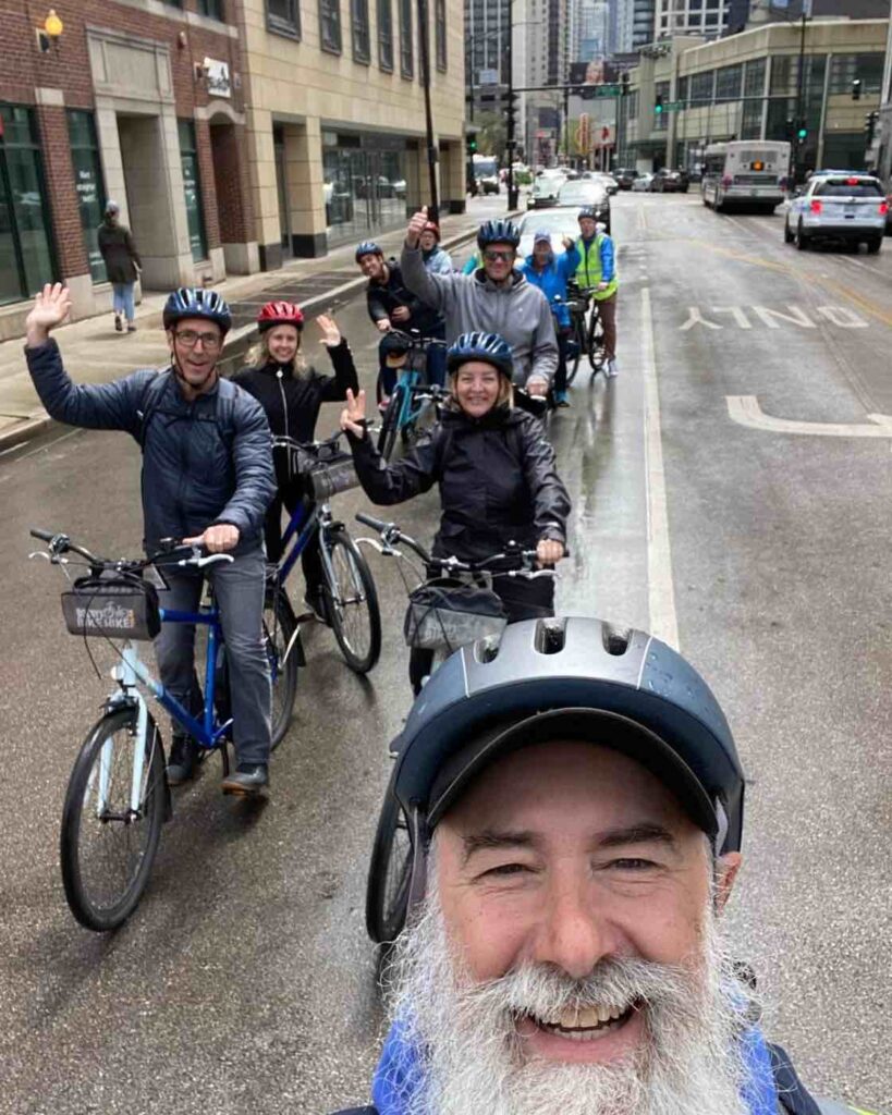 A group of people doing a bike tour with Bobby's Bike Hike Tours